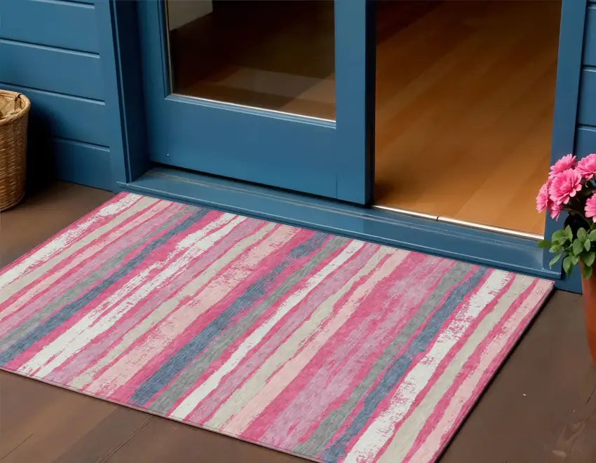 Pink Gray And Green Striped Washable Indoor Outdoor Area Rug Photo 2