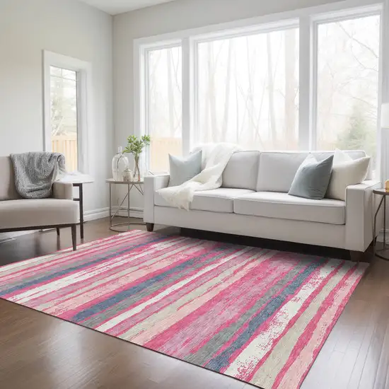 Pink Gray And Green Striped Washable Indoor Outdoor Area Rug Photo 8
