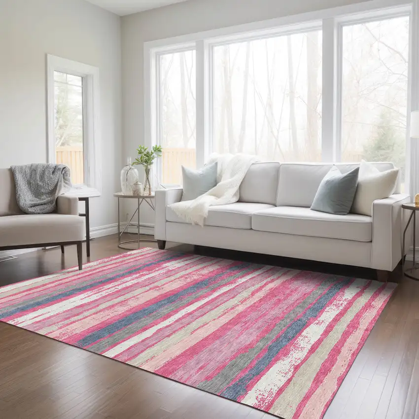 Pink Gray And Green Striped Washable Indoor Outdoor Area Rug Photo 8