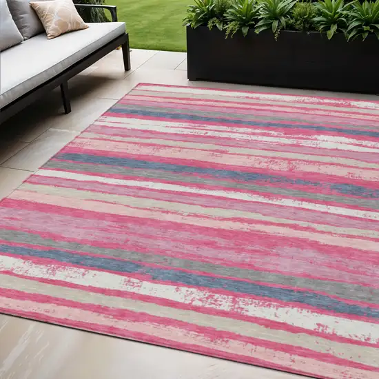Pink Gray And Green Striped Washable Indoor Outdoor Area Rug Photo 1