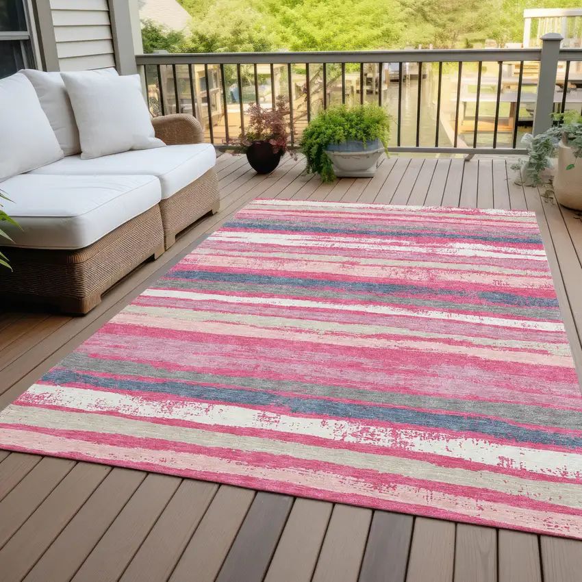 Pink Gray And Green Striped Washable Indoor Outdoor Area Rug Photo 8