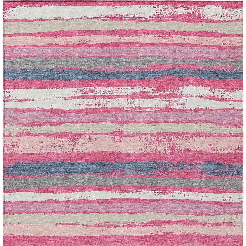 Pink Gray And Green Striped Washable Indoor Outdoor Area Rug Photo 7