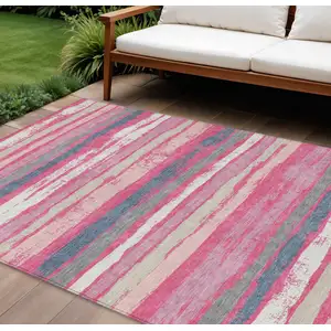 Photo of Pink Gray And Green Striped Washable Indoor Outdoor Area Rug