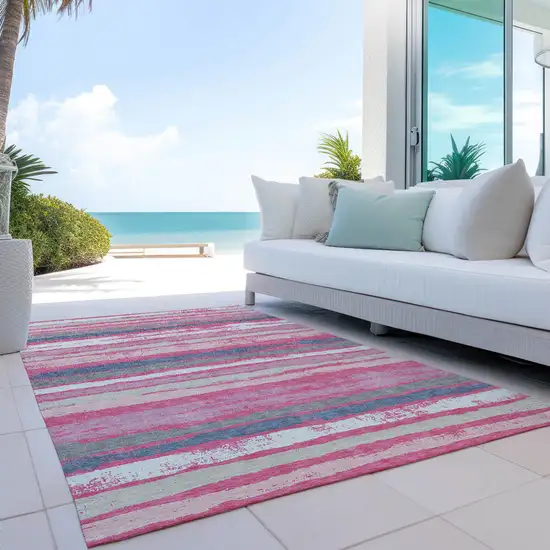 Pink Gray And Green Striped Washable Indoor Outdoor Area Rug Photo 9