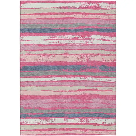 Pink Gray And Green Striped Washable Indoor Outdoor Area Rug Photo 2