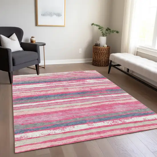 Pink Gray And Green Striped Washable Indoor Outdoor Area Rug Photo 9