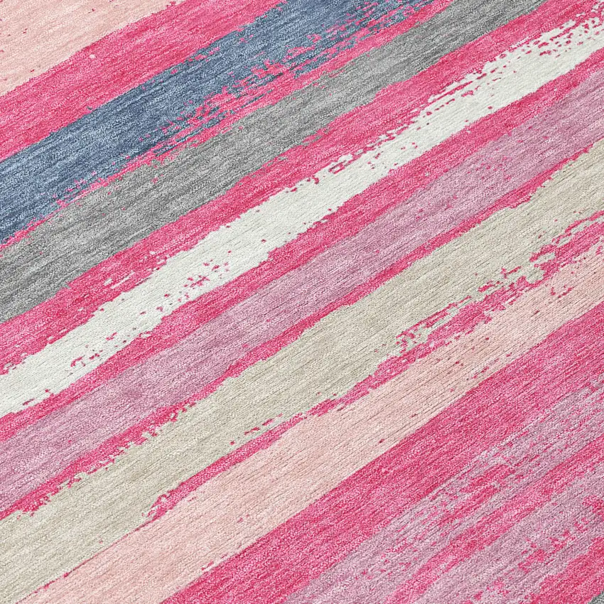 Pink Gray And Green Striped Washable Indoor Outdoor Area Rug Photo 5