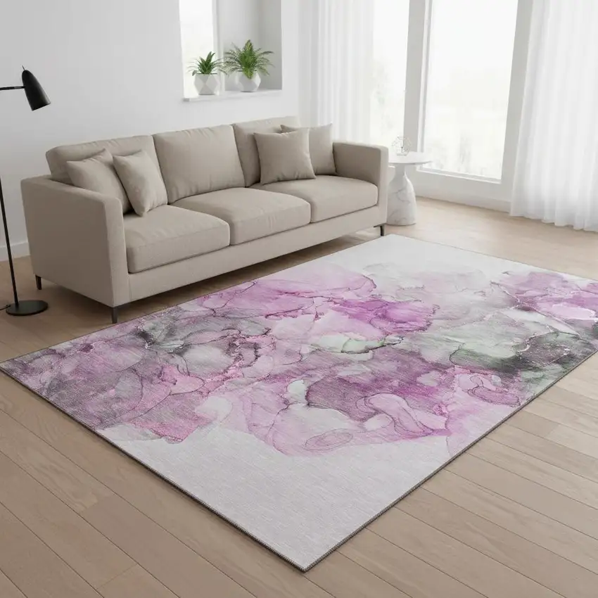 Pink Gray And Ivory Abstract Washable Area Rug With UV Protection Photo 2