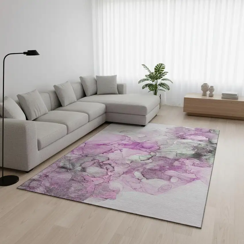 Pink Gray And Ivory Abstract Washable Area Rug With UV Protection Photo 1