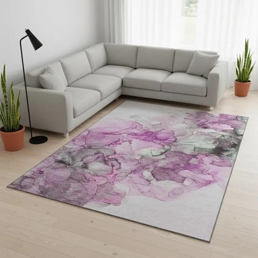 Pink Gray And Ivory Abstract Washable Area Rug With UV Protection Photo 1