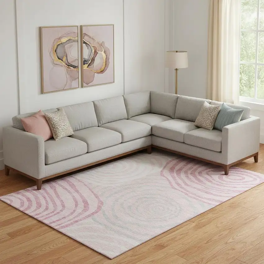 Pink Gray And Ivory Abstract Washable Area Rug With UV Protection Photo 1