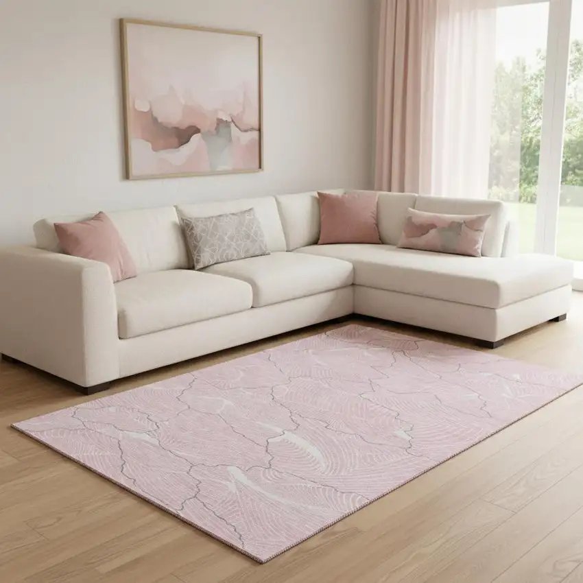 Pink Gray And Ivory Abstract Washable Area Rug With UV Protection Photo 2