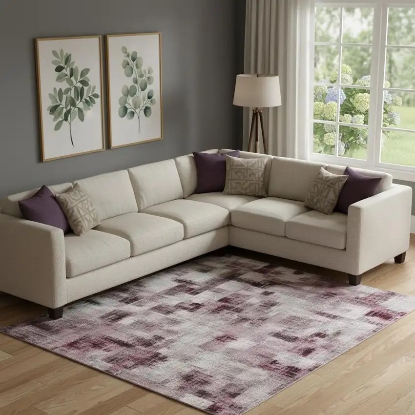 Pink Gray And Ivory Abstract Washable Area Rug With UV Protection Photo 2