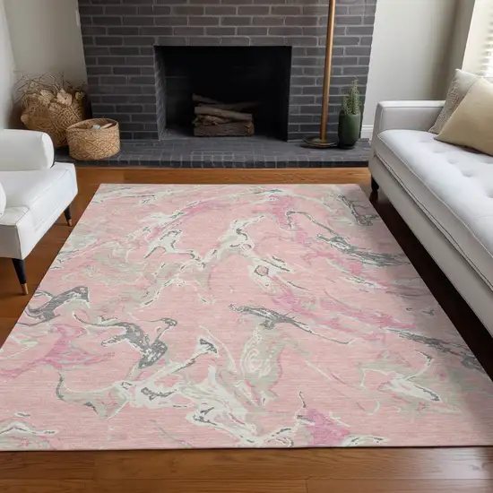 Pink Gray And Ivory Abstract Washable Indoor Outdoor Area Rug Photo 8