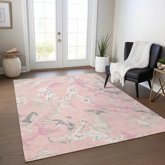 Pink Gray And Ivory Abstract Washable Indoor Outdoor Area Rug Photo 7