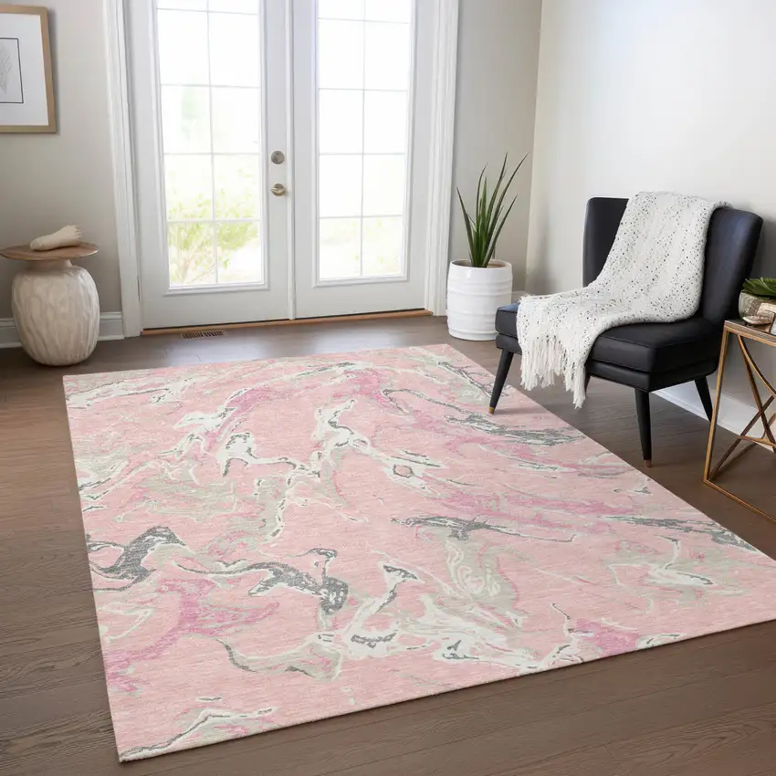 Pink Gray And Ivory Abstract Washable Indoor Outdoor Area Rug Photo 7