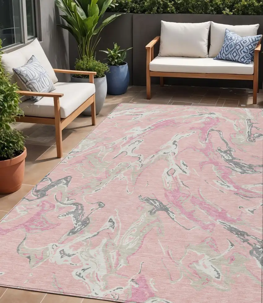 Pink Gray And Ivory Abstract Washable Indoor Outdoor Area Rug Photo 1