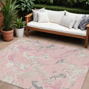 Photo of Pink Gray And Ivory Abstract Washable Indoor Outdoor Area Rug