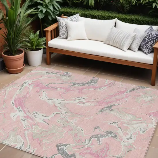 Pink Gray And Ivory Abstract Washable Indoor Outdoor Area Rug Photo 1
