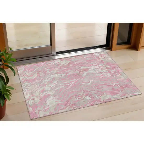 Pink Gray And Ivory Abstract Washable Indoor Outdoor Area Rug Photo 1