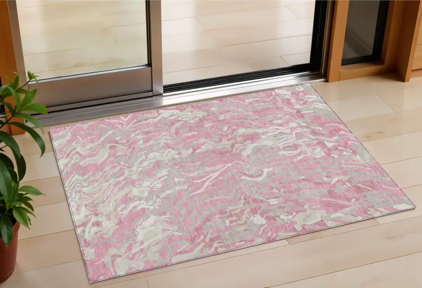 Pink Gray And Ivory Abstract Washable Indoor Outdoor Area Rug Photo 1
