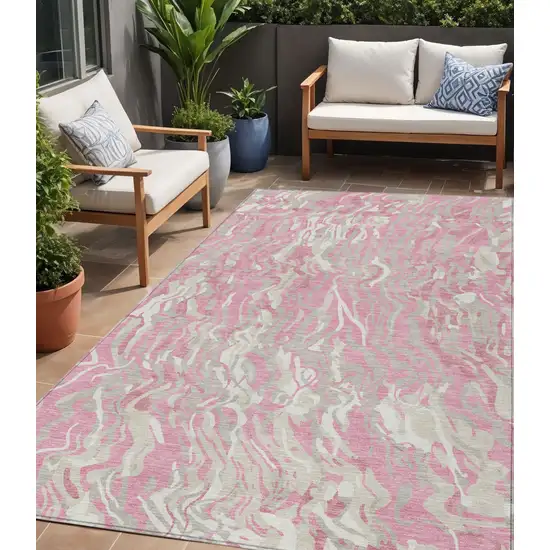 Pink Gray And Ivory Abstract Washable Indoor Outdoor Area Rug Photo 1