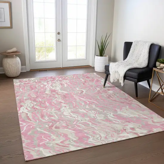 Pink Gray And Ivory Abstract Washable Indoor Outdoor Area Rug Photo 9