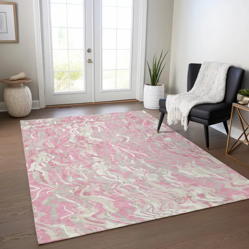 Pink Gray And Ivory Abstract Washable Indoor Outdoor Area Rug Photo 9