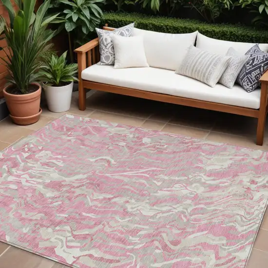 Pink Gray And Ivory Abstract Washable Indoor Outdoor Area Rug Photo 1