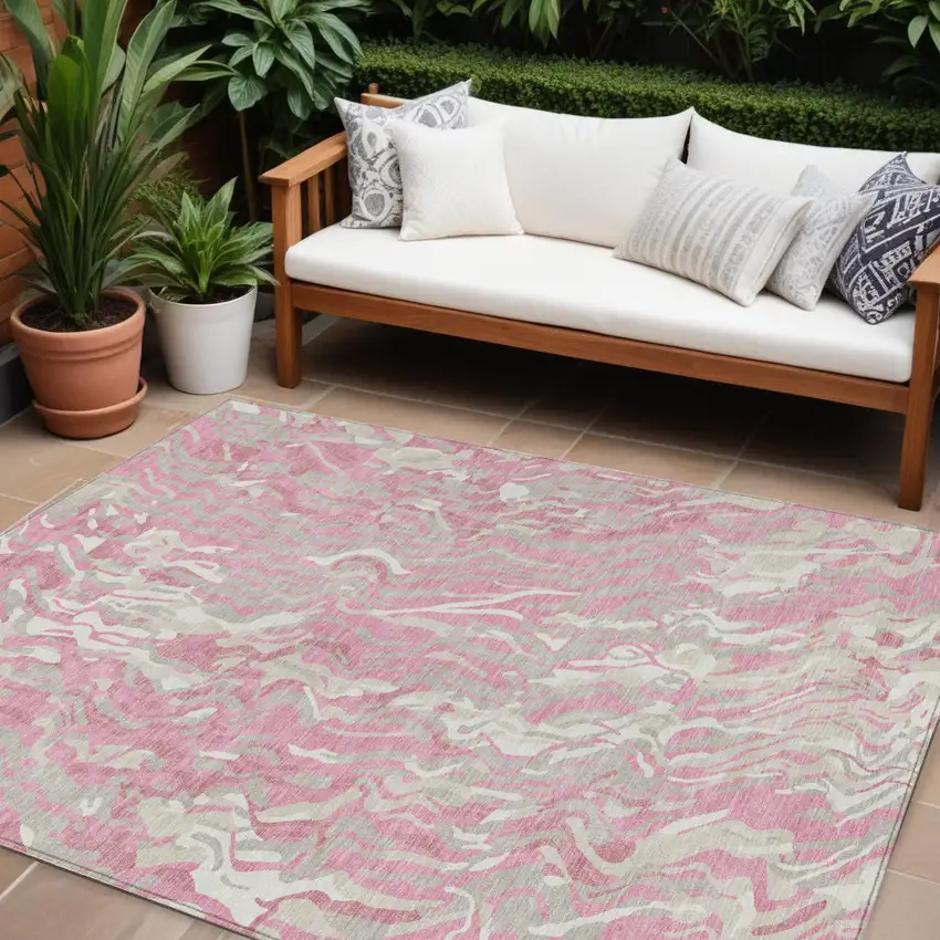 Pink Gray And Ivory Abstract Washable Indoor Outdoor Area Rug Photo 1