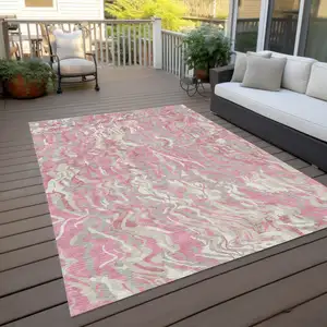 Photo of Pink Gray And Ivory Abstract Washable Indoor Outdoor Area Rug