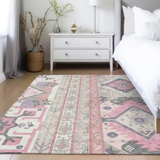 Pink Gray And Ivory Aztec Washable Indoor Outdoor Area Rug Photo 9