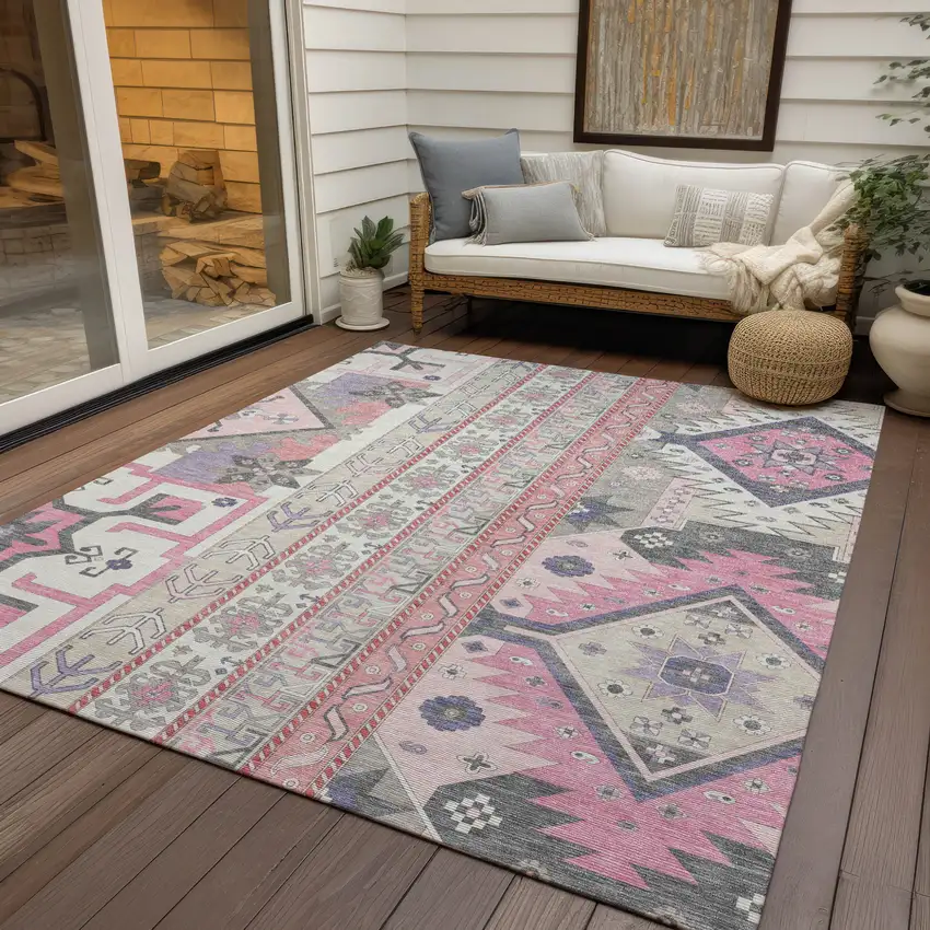 Pink Gray And Ivory Aztec Washable Indoor Outdoor Area Rug Photo 8