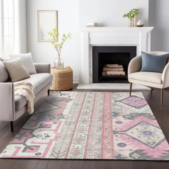 Pink Gray And Ivory Aztec Washable Indoor Outdoor Area Rug Photo 9