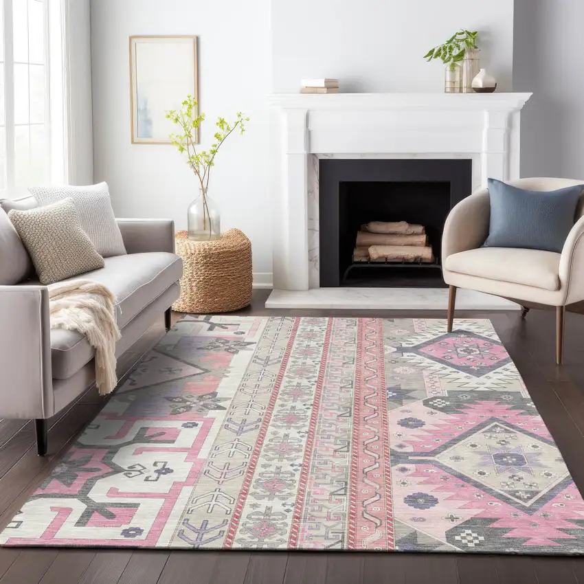 Pink Gray And Ivory Aztec Washable Indoor Outdoor Area Rug Photo 9