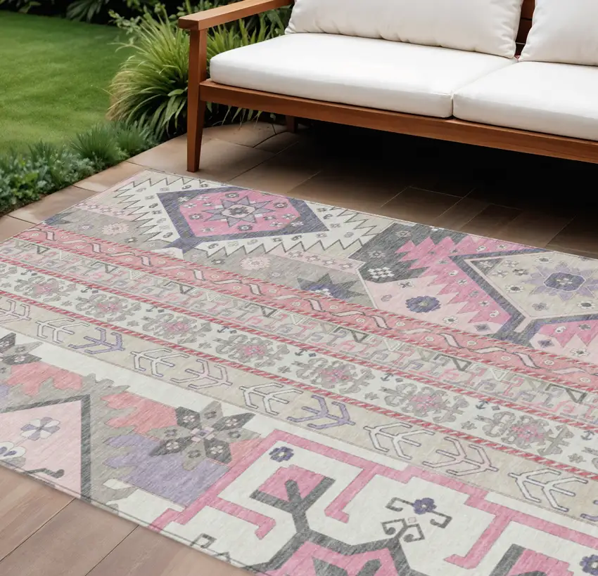 Pink Gray And Ivory Aztec Washable Indoor Outdoor Area Rug Photo 1