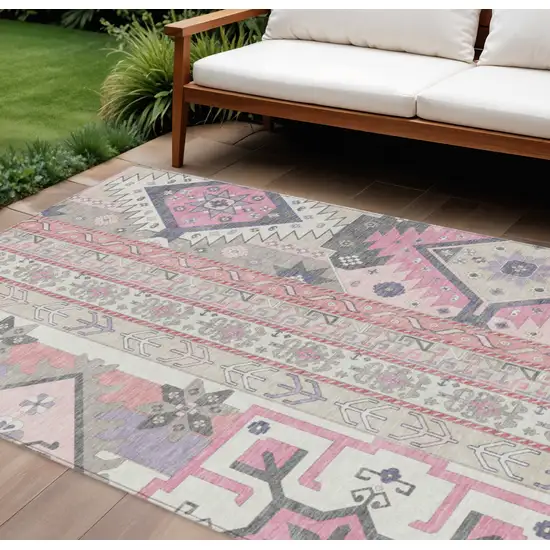 Pink Gray And Ivory Aztec Washable Indoor Outdoor Area Rug Photo 1