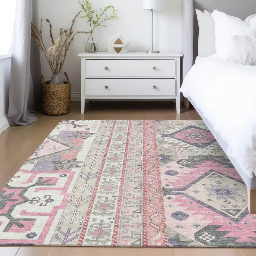 Pink Gray And Ivory Aztec Washable Indoor Outdoor Area Rug Photo 9