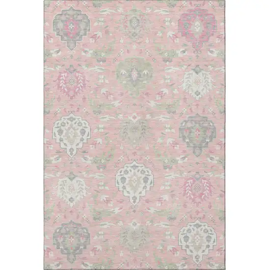 Pink Gray And Ivory Damask Washable Area Rug With UV Protection Photo 3