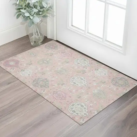 Pink Gray And Ivory Damask Washable Area Rug With UV Protection Photo 2