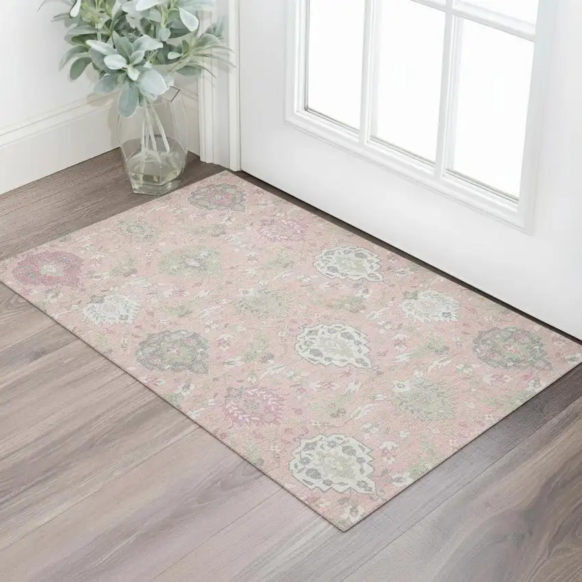 Pink Gray And Ivory Damask Washable Area Rug With UV Protection Photo 2