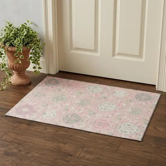 Pink Gray And Ivory Damask Washable Area Rug With UV Protection Photo 1