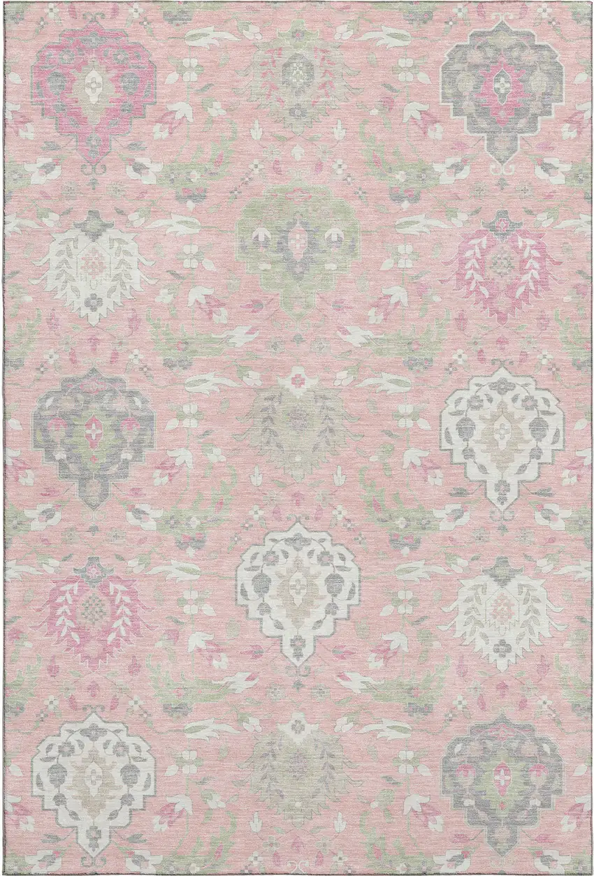 Pink Gray And Ivory Damask Washable Area Rug With UV Protection Photo 1