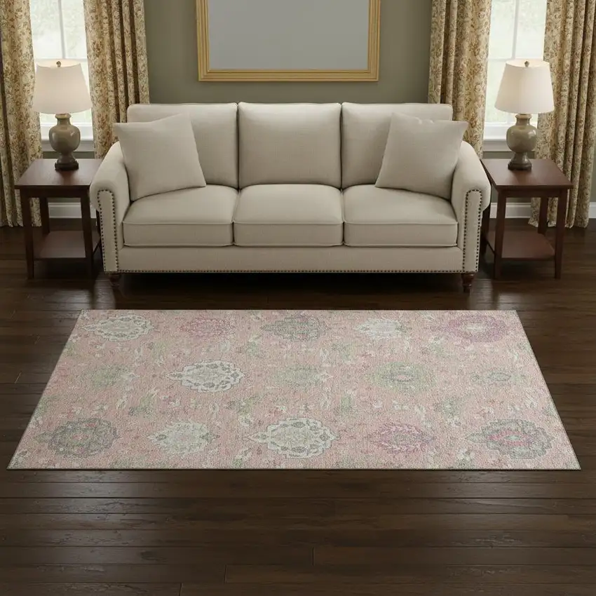 Pink Gray And Ivory Damask Washable Area Rug With UV Protection Photo 2