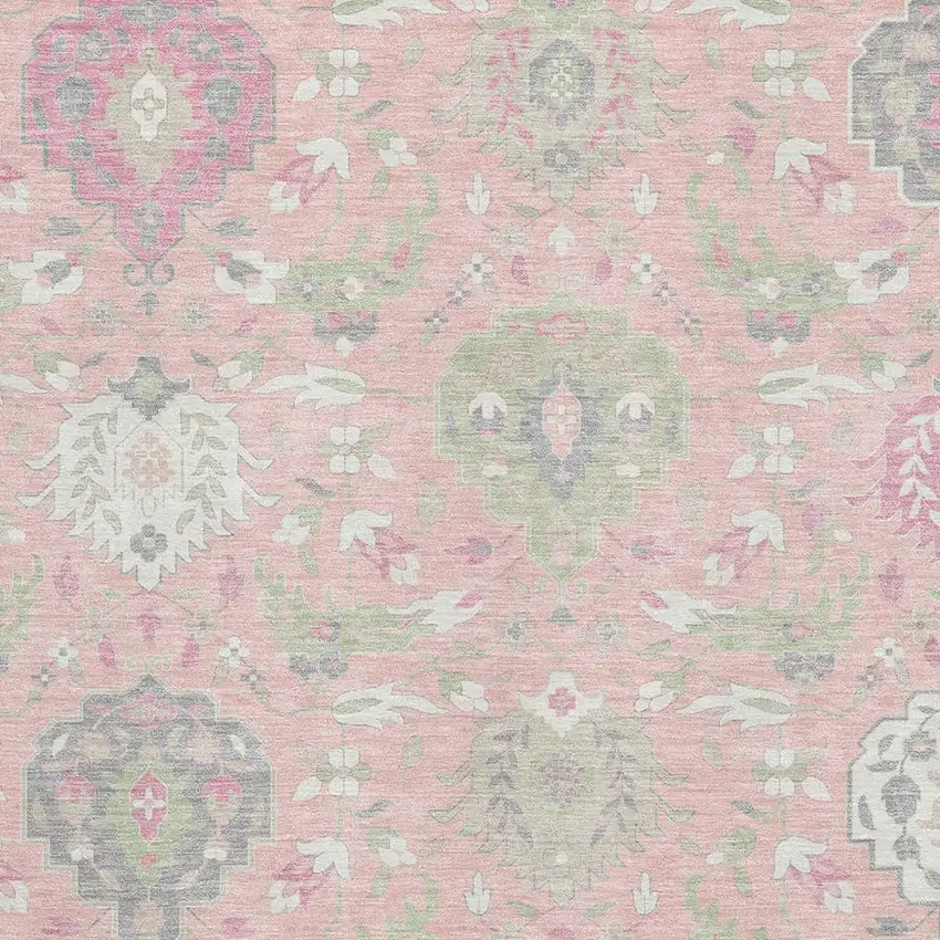 Pink Gray And Ivory Damask Washable Area Rug With UV Protection Photo 2