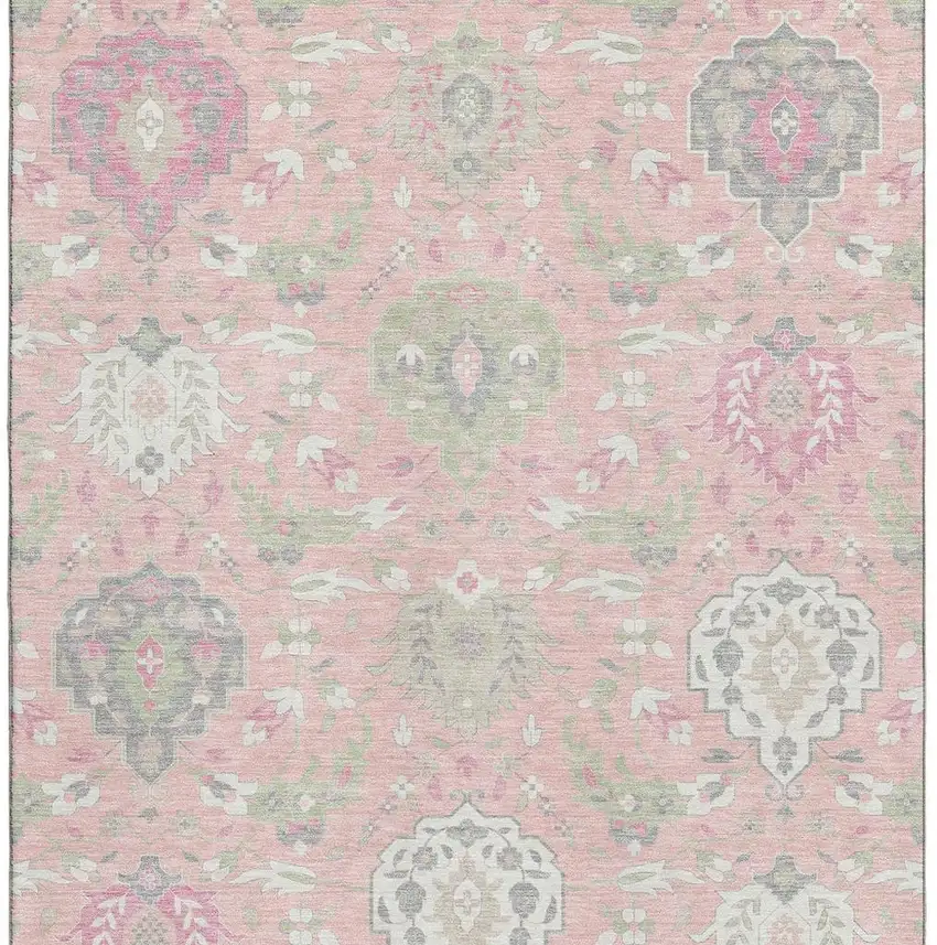 Pink Gray And Ivory Damask Washable Area Rug With UV Protection Photo 3