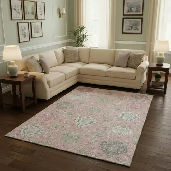 Pink Gray And Ivory Damask Washable Area Rug With UV Protection Photo 2