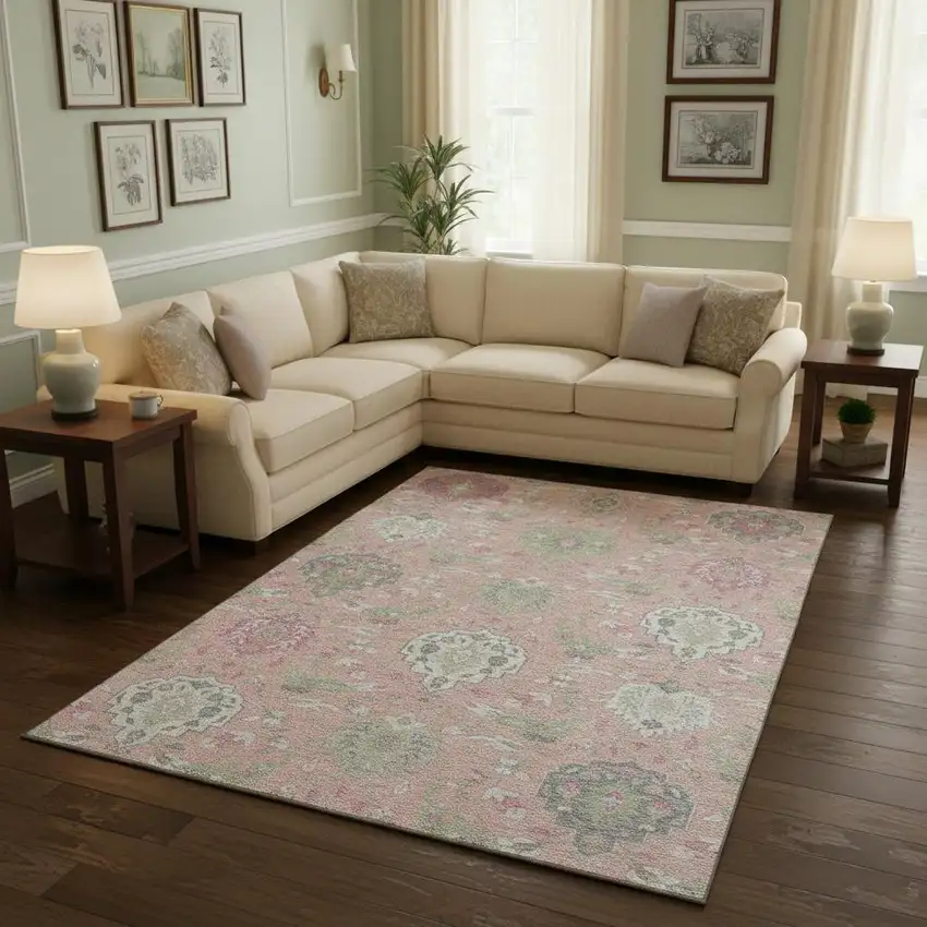 Pink Gray And Ivory Damask Washable Area Rug With UV Protection Photo 2