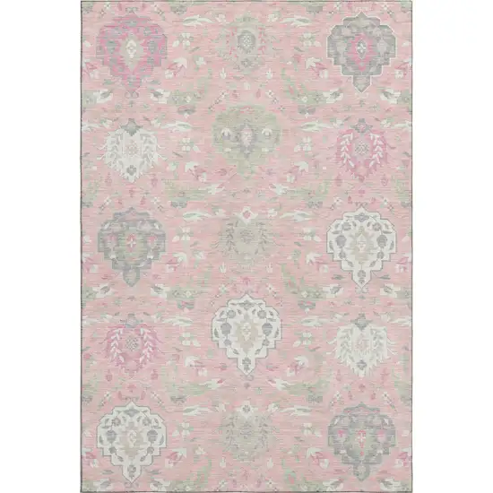 Pink Gray And Ivory Damask Washable Area Rug With UV Protection Photo 1