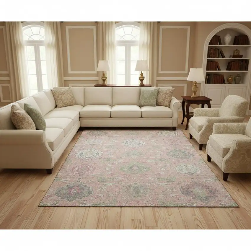 Pink Gray And Ivory Damask Washable Area Rug With UV Protection Photo 2